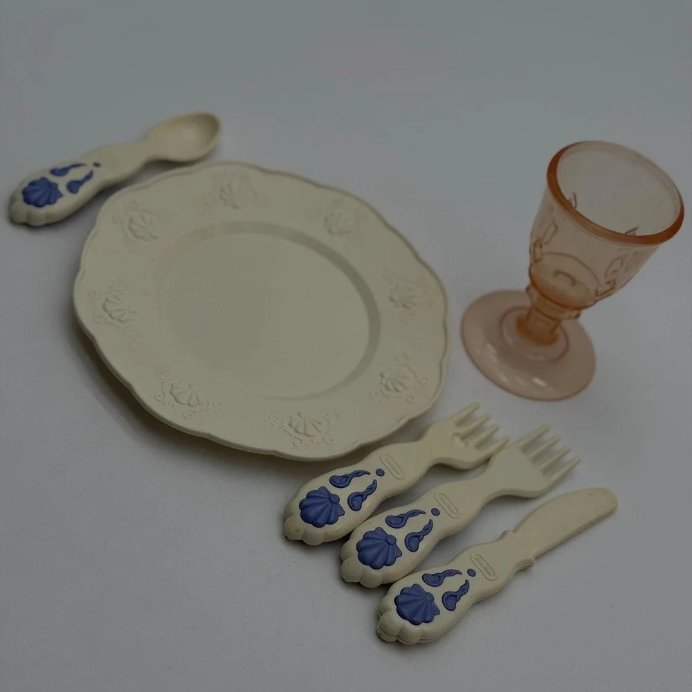 Vintage Little Tikes Toy Dish Set Plates Goblets Utensils Cream Blue Pink 17pc